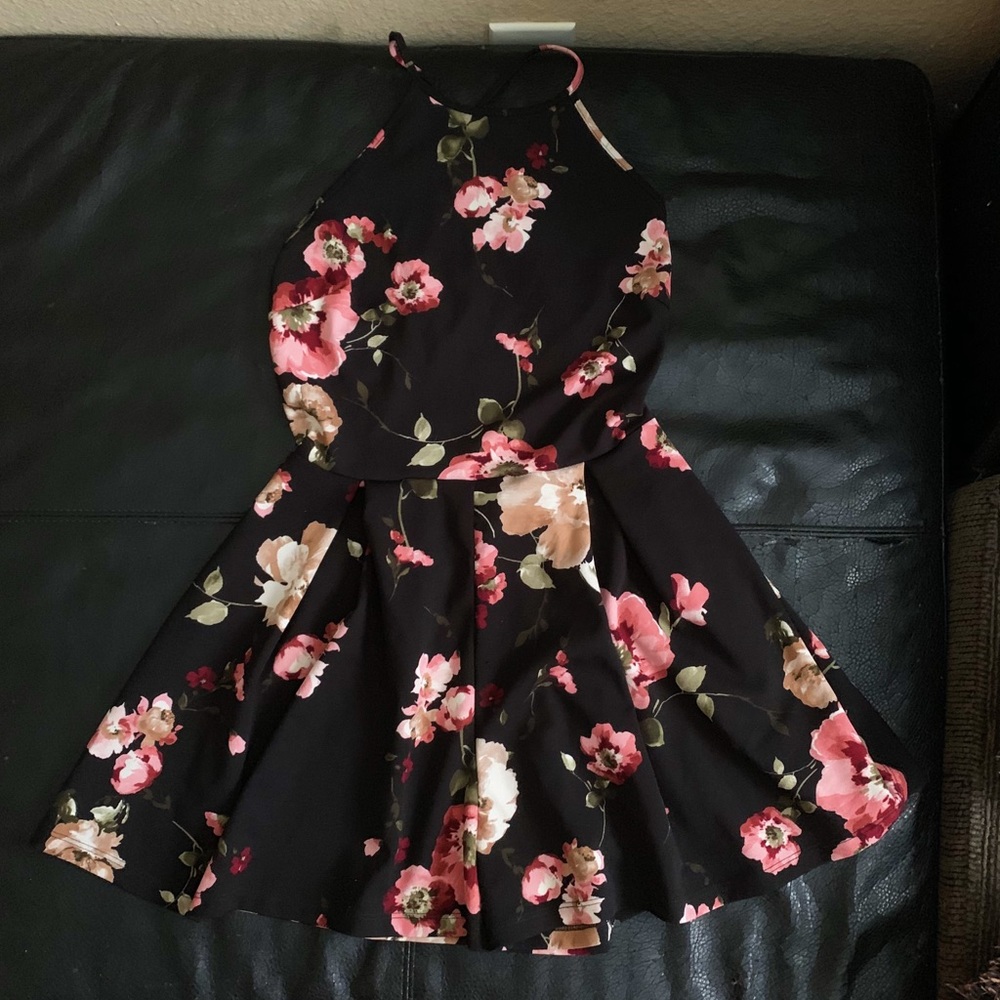 Floral halter lace back romper